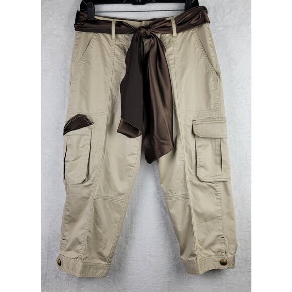 Cache Khaki Cargo Capri Brown Bohemian Scarf Belt Sz 8 Gold Button Decor Hippie - Picture 1 of 16